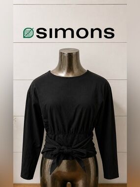 ICÔNE par Simons – Black Tie-Waist Blouse S